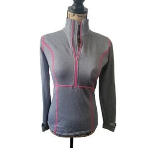 XS Obermeyer gray & pink athletic track jacket, thumb holes, 3/4 zip, high neck